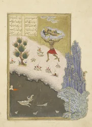 Persiska 239 fol.165b Div Akvan lyfter den sovande Rustam, illustration från Shahnama (Kungarnas bok), av Abul-Qasim Mansur Firdawsi (c.934-c.1020), 1444